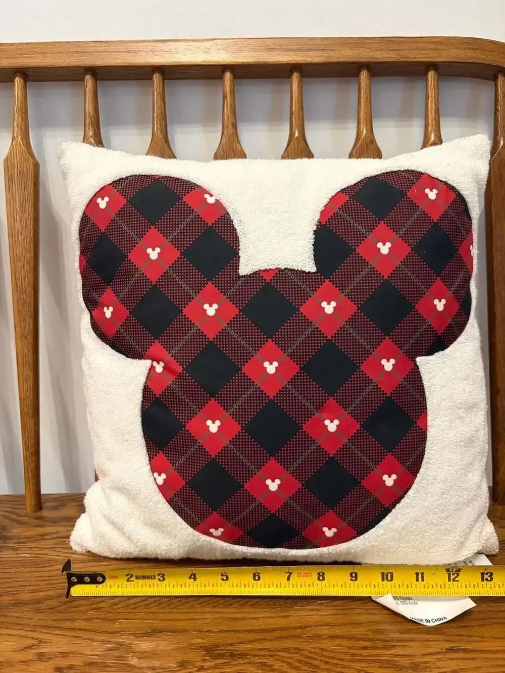 Disney St. Nicholas Square Mickey Mouse Buffalo Plaid Holiday Throw Pillow